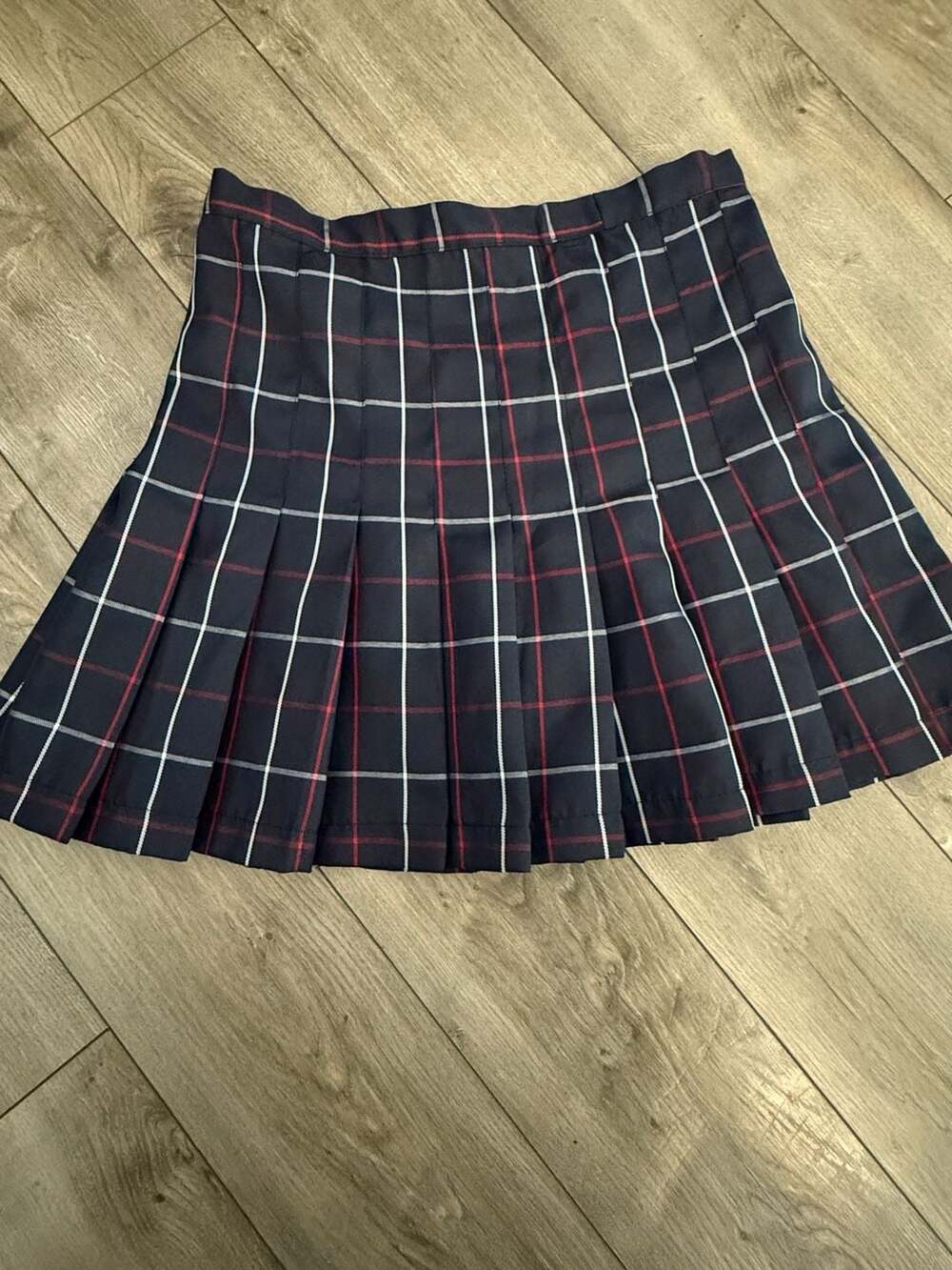 Navy Blue Red White Plaid Pleated School Skirt